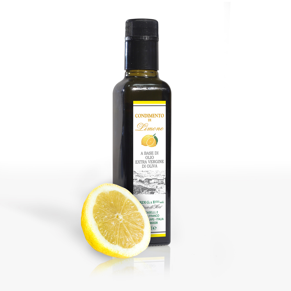 N.1 Bottiglia  Lt 0,250 Olio extra vergine di oliva 100% Italia Aromatizzato al limone