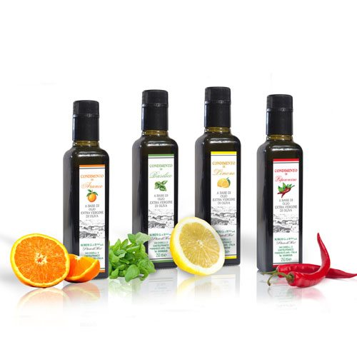 N.4 Bottiglie Lt 0,250 Olio EVO aromatizzo al Limone, Basilico, Arancia e Peperoncino